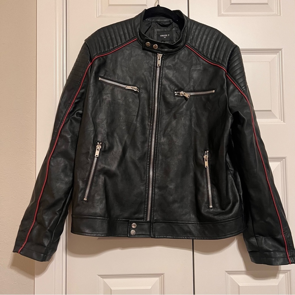 Men’s Forever 21 Black Bomber Jacket with Red Trim